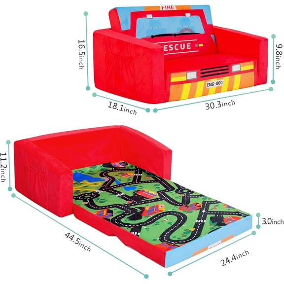 Kids Sofa Bed with Storage Pockets Red Fire Truck Design Upholstered Flip-Out Recliner Chair for Children