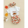thumbnail image 3 of Bagilaanoe 3pcs Newborn Baby Boy Girl Short Pants Set Short Sleeve Pumpkin/Letter Print Romper Tops + Shorts + Headband 3M 6M 12M 18M Infant Casual Outfits, 3 of 8