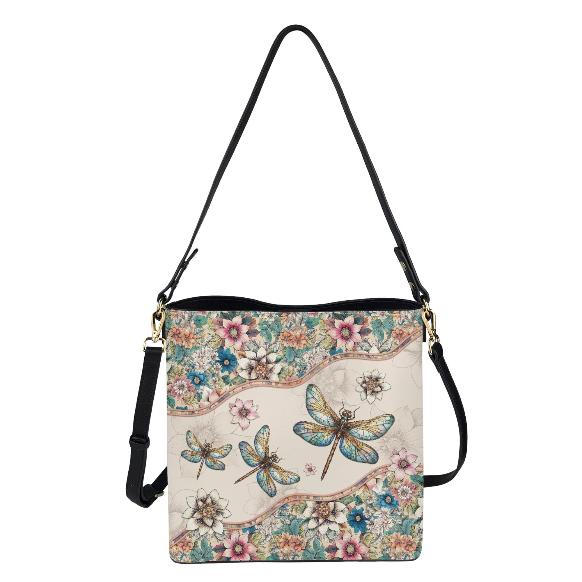 Kuiaobaty Dragonfly Print Crossbody Bag for Women, Flowers Print Leather Shoulder Handbag Crossbody with Adjustable Strap, Ethnic Style Bucket Bag Purse for Travel, Beige