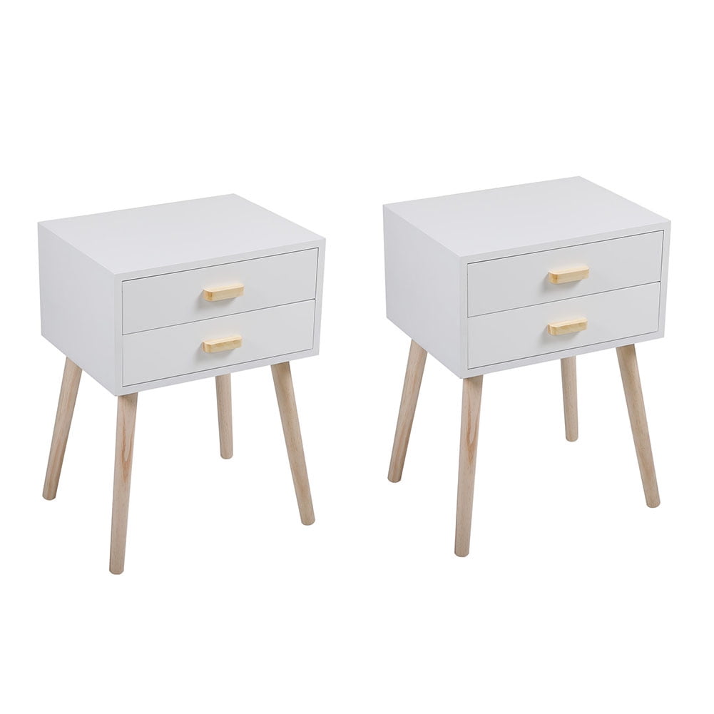 Kadyn Set of 2 Double Drawer Wooden Side Table, Modern Bedroom Minimalist Bedside Furniture Bedside Cabinets, White