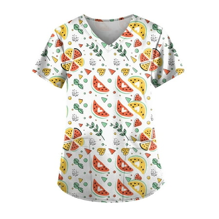 

Apepal Women Short Sleeve V-neck Fruit Print Pocket Scrub Tops