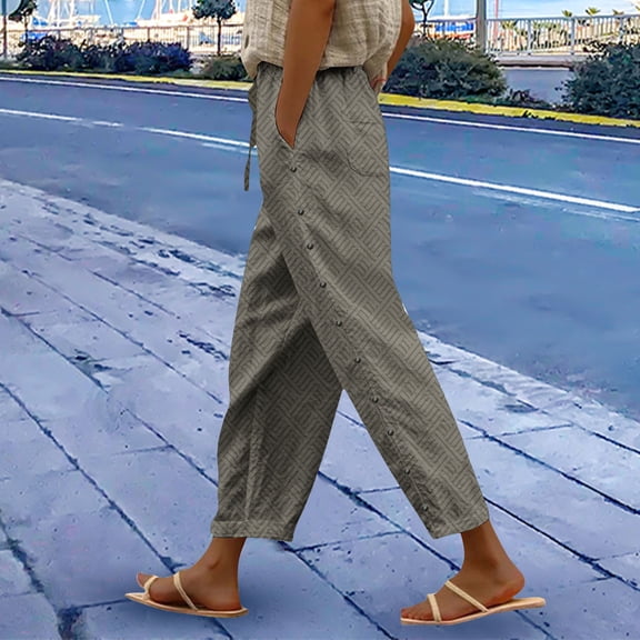 Women's Striped Print Elastic Waist Cropped Pants with Side Pockets, Loose Fit Casual Straight Leg Trousers for Everyday Wear, Comfortable Lounge, and Outdoor Activities Grey S