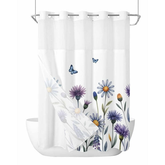 No Hook Cloth Fabric Shower Curtain with Snap in Liner, Purple Blue Flowers Waterproof Shower Curtains Set with See Through Top Window, Country Botanical Floral Butterfly Bath Curtains Shower 48"x72"