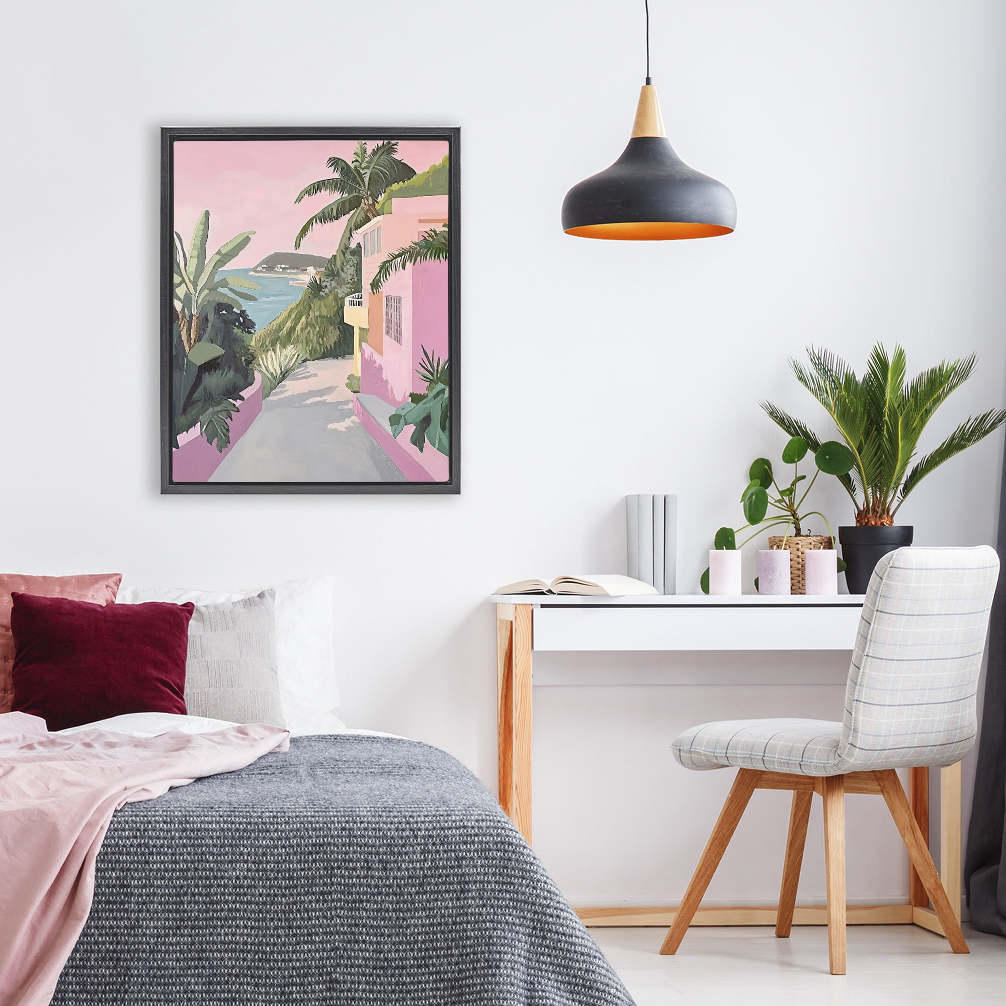 Stupell Industries Mediterranean Pink Coastal House Black Framed Floater Canvas Wall Art, design by The Prints Vibe
