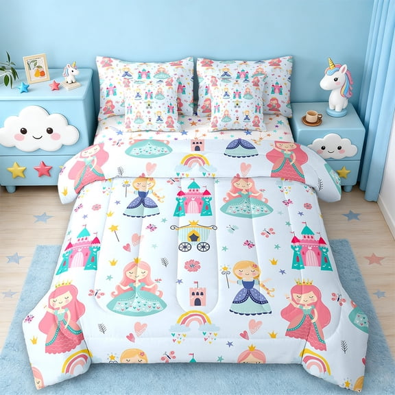 Erosebridal Little Princess Bedding Sets Twin Size,Kawaii Girls Comforter Sets with Sheets,Blue Carriage Caslte Bed in a Bag Twin Size For Girls,Ultra Soft Room Decor Reversible,7-Piece