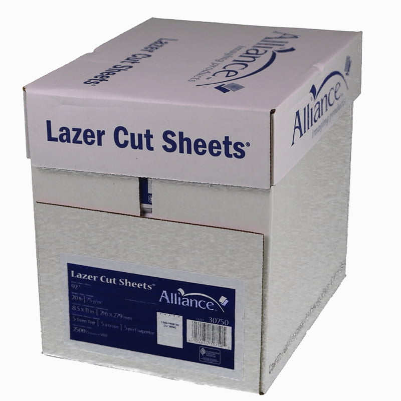 Alliance Laser Cut Sheet Paper, 8.5 x 11, 5 Hole Punch Top, 2500 Sheets