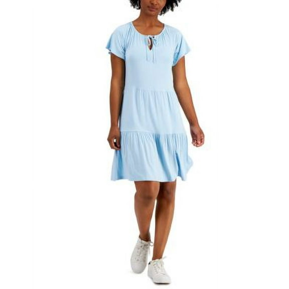MSRP $50 Style & Co Tiered-Skirt Tie-Neck Dress Blue Size XS