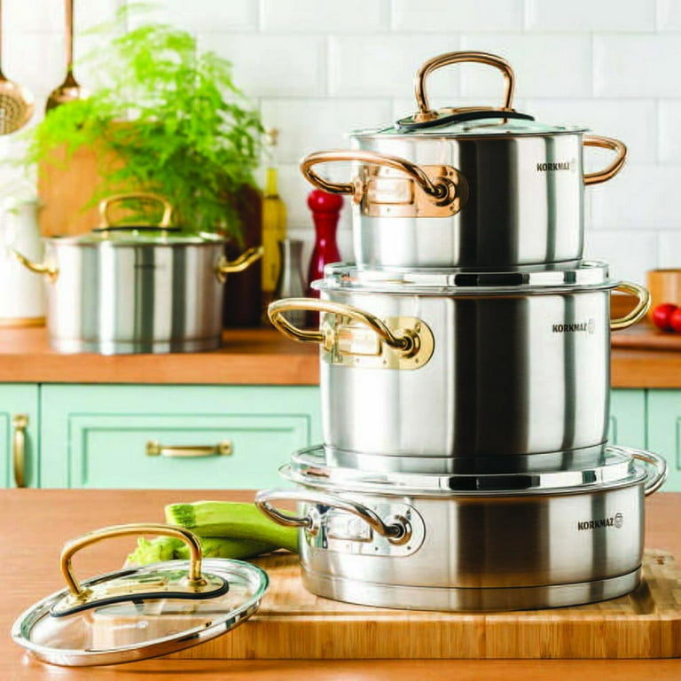 KORKMAZ Proline Goldset Stainless Steel Cookware Set, Cooking Pots with  Lids, 8Pcs, 2.11-3.27-4.22-6.34qt