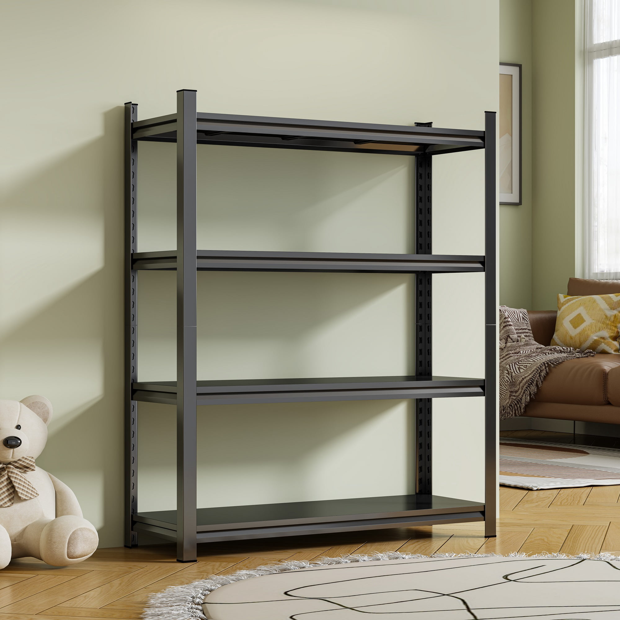 63" Tall Metal Storage Shelf, 1200 LBS Weight Capacity, 4-Tier Adjustable Height Storage Rack, Black