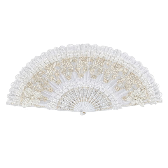 KUMHONW 1 Pack White Spanish Floral Folding Hand Fan Women Lace Fan Handheld Fans for Wedding and Home Decoration ,Party Supplies,