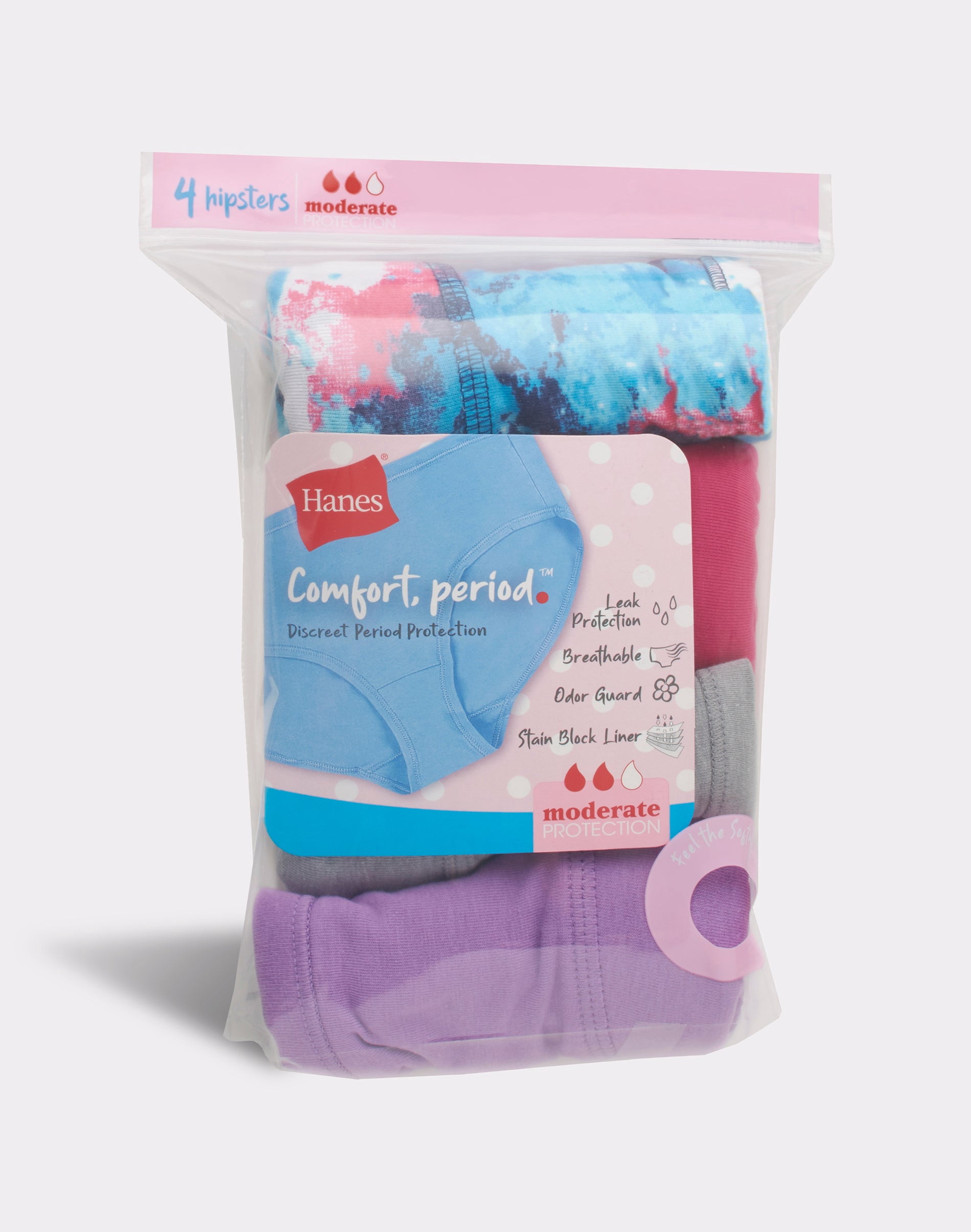 Hanes Comfort, Period. Girls' Hipster Underwear, Moderate Protection, Assorted, 4-Pack 16