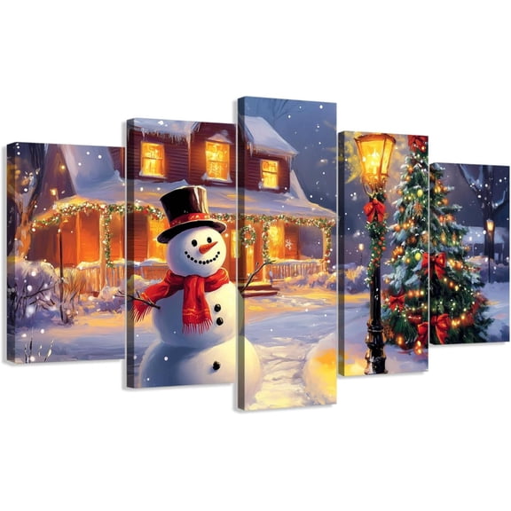 ZHONGYUTONG 5 Piece Christmas Wall Art Large Snowman Pictures Canvas Prints Winter Snowy Xmas Living Room Home Wall Decor Framed (8x14inx2pcs 8x18inx2pcs 8x22inx1pcs)