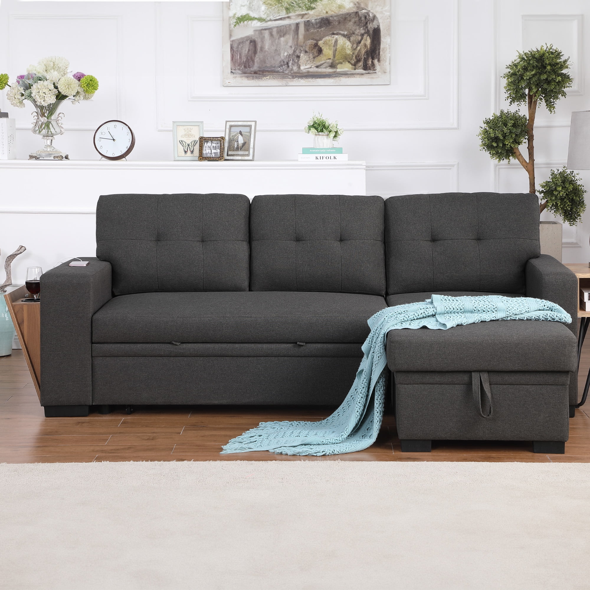 Aukfa 92" Sofa Bed Reversible Sectional Sleeper Sofa with Storage Chaise&Side USB &Cupholder Console for Living Room, Linen, Gray