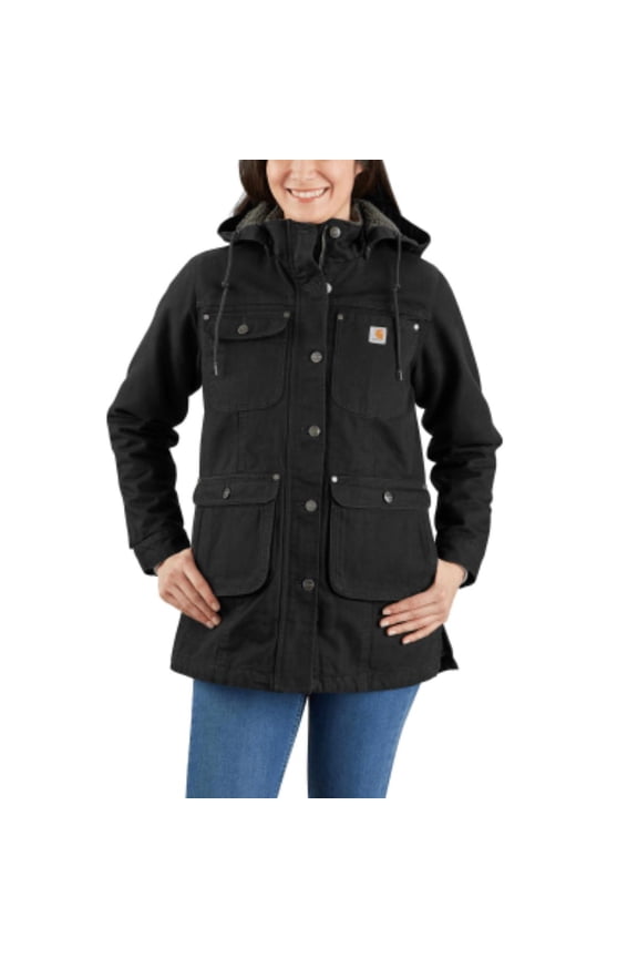 105512-BLK Loose-Fit Weathered Washed Duck Coat for Ladies - Black - M