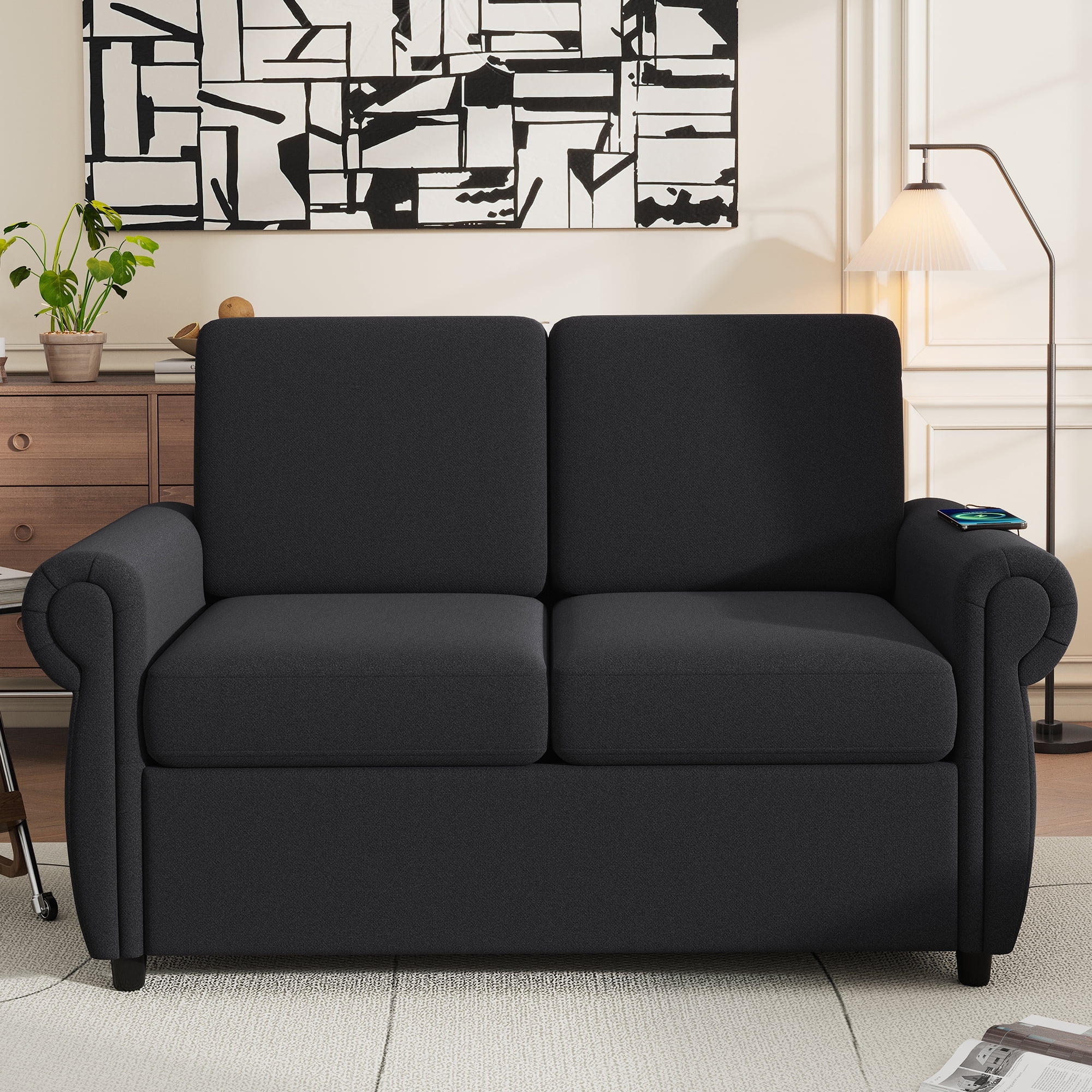 Euroco 57.9" Orisfur Pull Out Sofa Bed Loveseat Sleeper with Twin Size Memory Mattress with Two USB Ports for Living Room Spaces