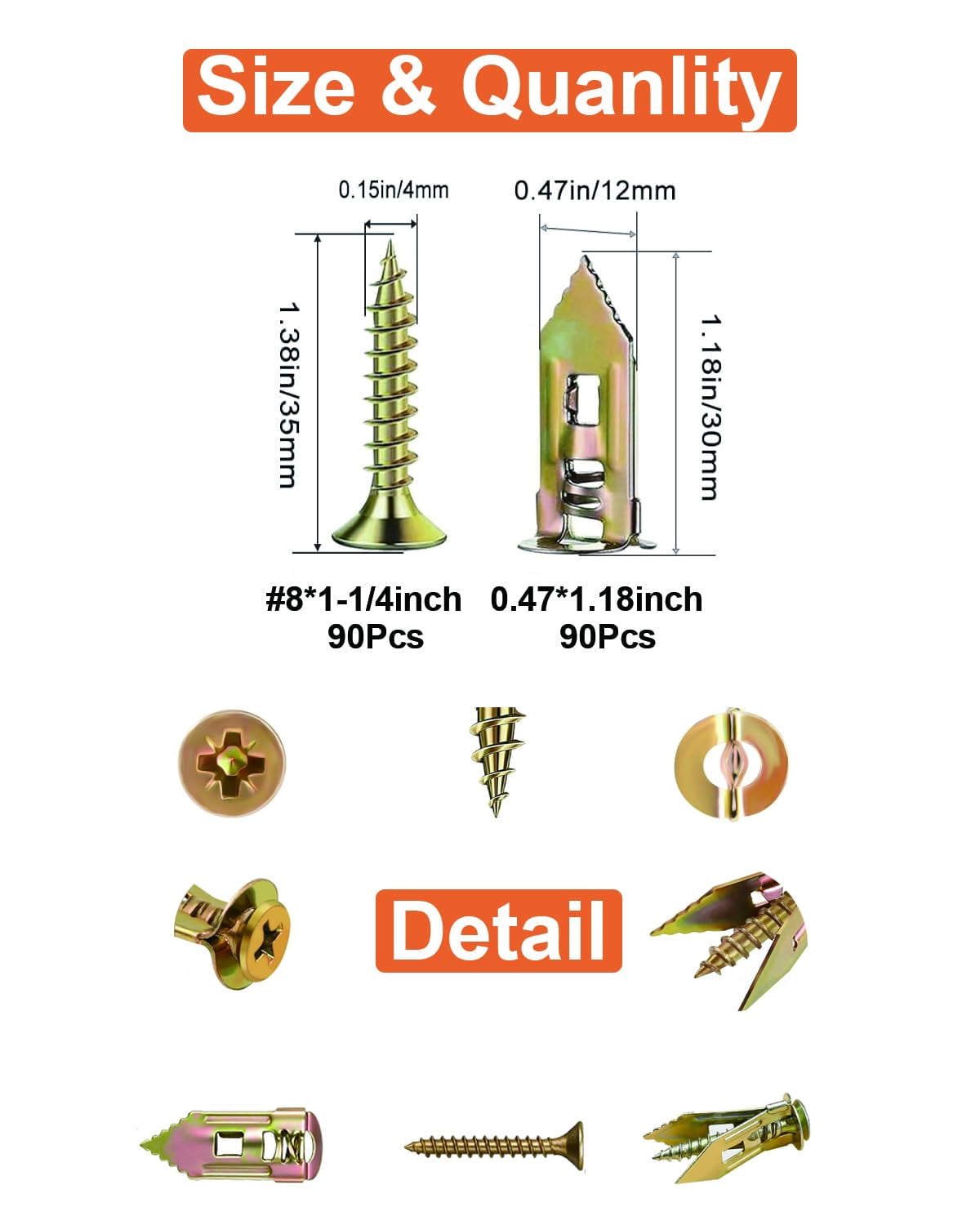 Heavy Duty 180 Pcs Self Drilling Drywall Anchors with Screws Kit,0.47x1.18 Inch,Zinc Plated Steel,No Drill Needed,Holds 66LB for TV, Shelf, Decor, Picture Frame Wall Mounting