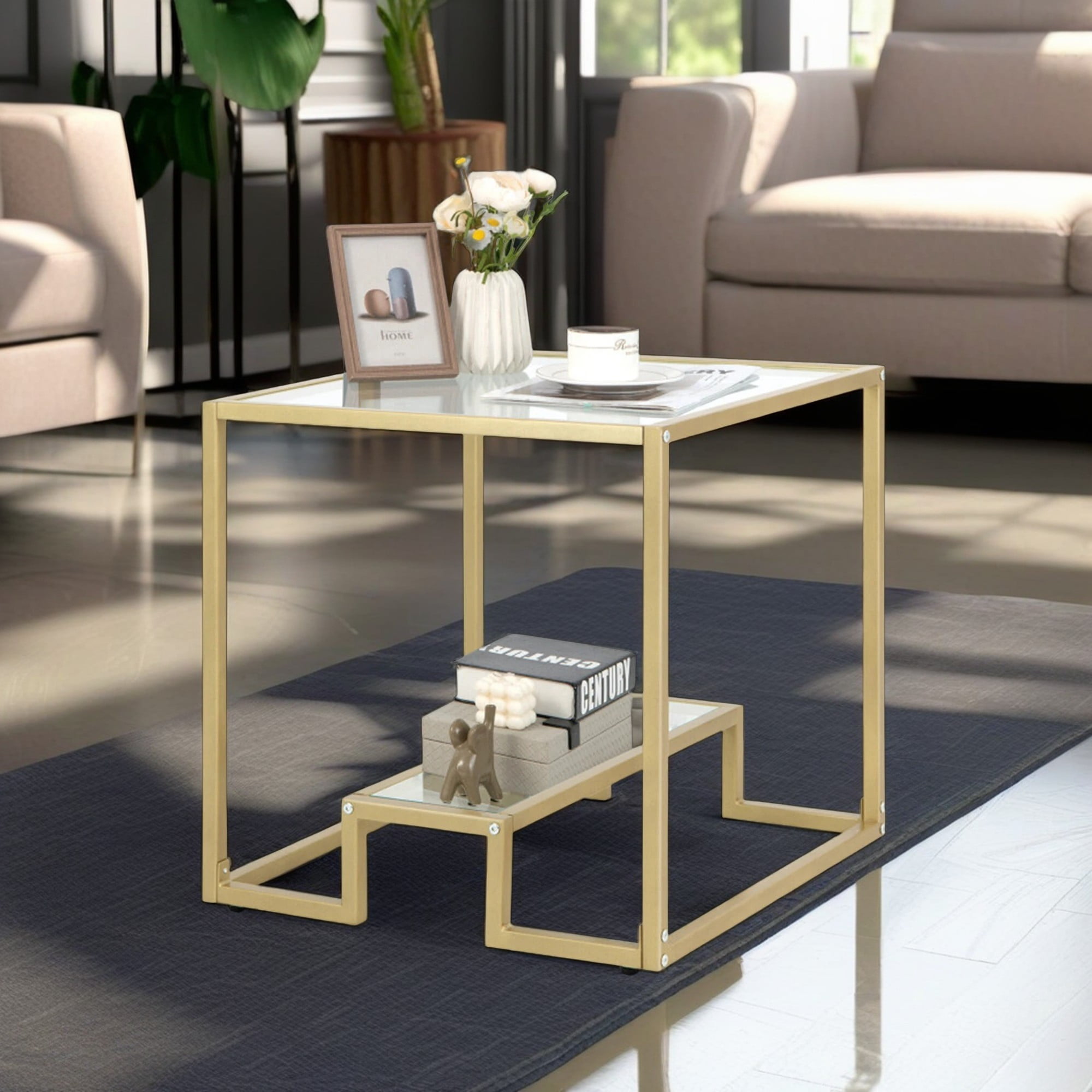 Demi Bonn 3-Piece Coffee Table Set, Modern 2-Tier Rectangular Coffee Table with Glass Table Top & Set of 2 Square Sofa Side Table with Tempered Glass Tabletop, for Living Room, Gold