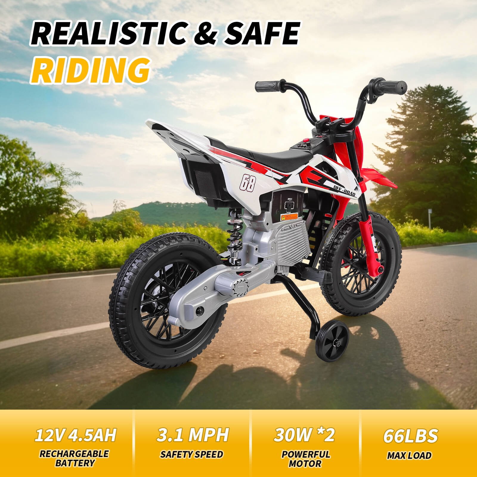 Tapoja 12V Kids Electric Dirt Bike w/ Twist Grip Throttle, Ride on Motorcycle w/ Training Wheels, Powered Ride on Toys for Boys Girls Ages 3-8, Spring Suspension, Dual Motors, Bluetooth, MP3