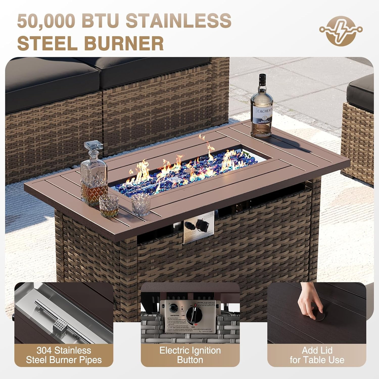 Aoxun 8 Piece Patio Furniture Set with 44” Fire Pit Table Wicker Rattan Outdoor Sectional Sofa Set with Coffee Table and 4” Thickened Cushions, Black (Waterproof Cover Included)