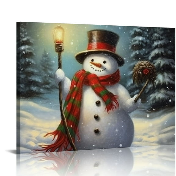 Nawypu Snowman Canvas Print Christmas Wall Hanging Snowman with a Black Top Hat and a Red Scarf Holding a Lantern - Winter Holiday Scene Wall Art