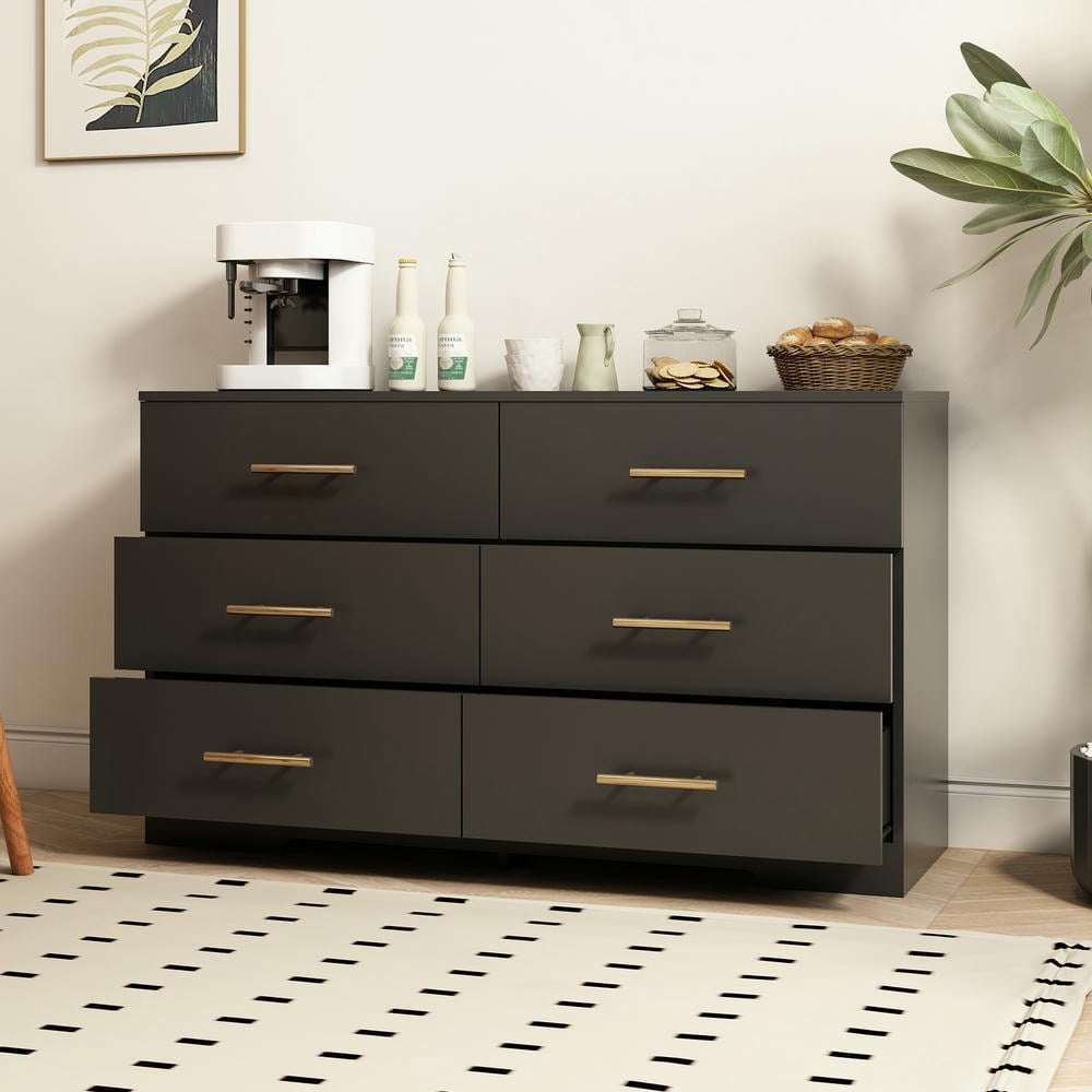 Kadyn 6 Drawer Dresser, Modern Black Dresser with 6 Drawers and Gold Handle, Storage Chest of Drawers for Bedroom, Living Room, Hallway, Entryway Kadyn 6 Drawer Dresser, Modern Black Dresser with 6 Drawers and Gold Handle, Storage Chest of Drawers for Bedroom, Living Room, Hallway, Entryway