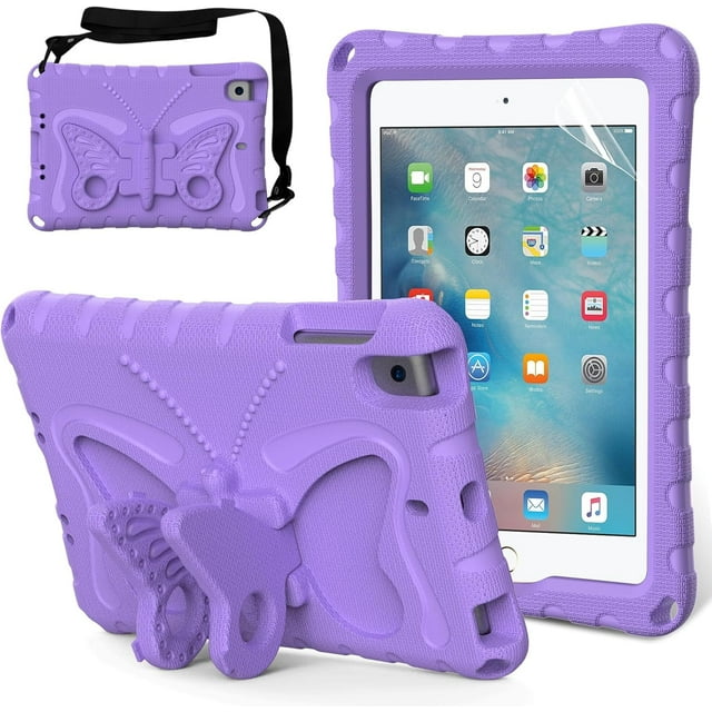KOMI Kids Case for iPad Mini 1st/2nd/3rd/4th/5th Generation 7.9-inch - Screen Protector Included - Butterfly Kickstand - Child Friendly EVA Foam Shockproof Cover Case with Shoulder Strap Lavender