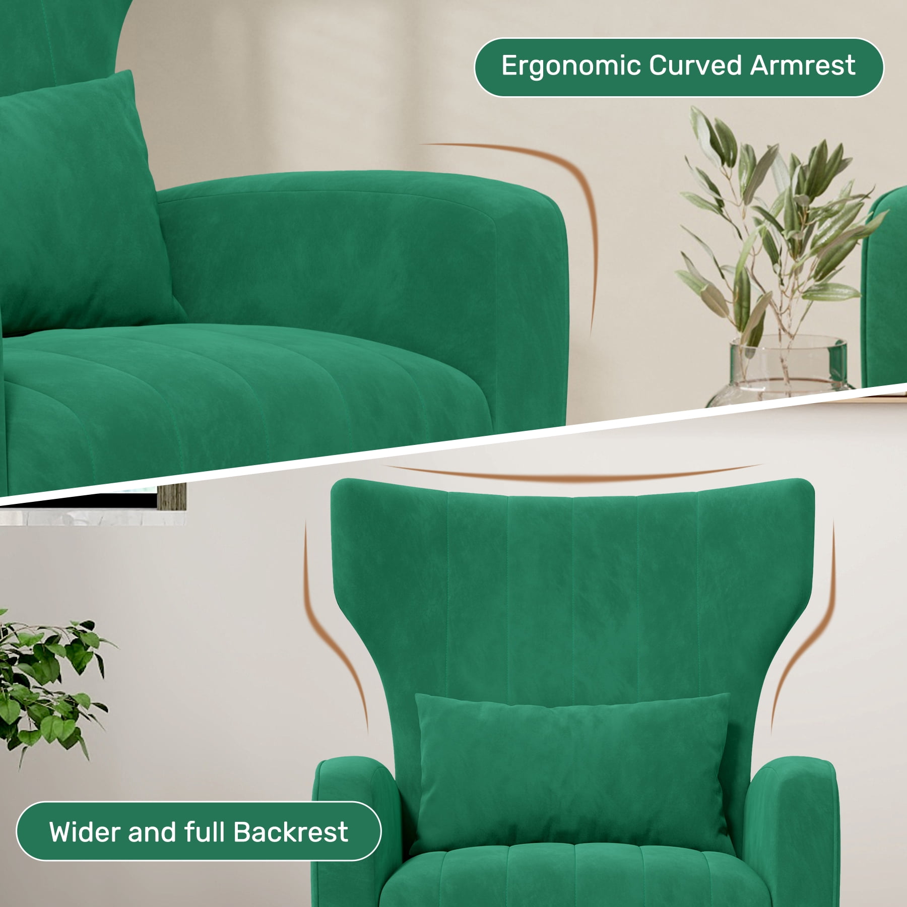 MOONMISS Velvet Accent Chair for Living Room, Modern Arm Chair with Pillow, Single Sofa Lounge Chair for Bedroom & Reading Room,Green