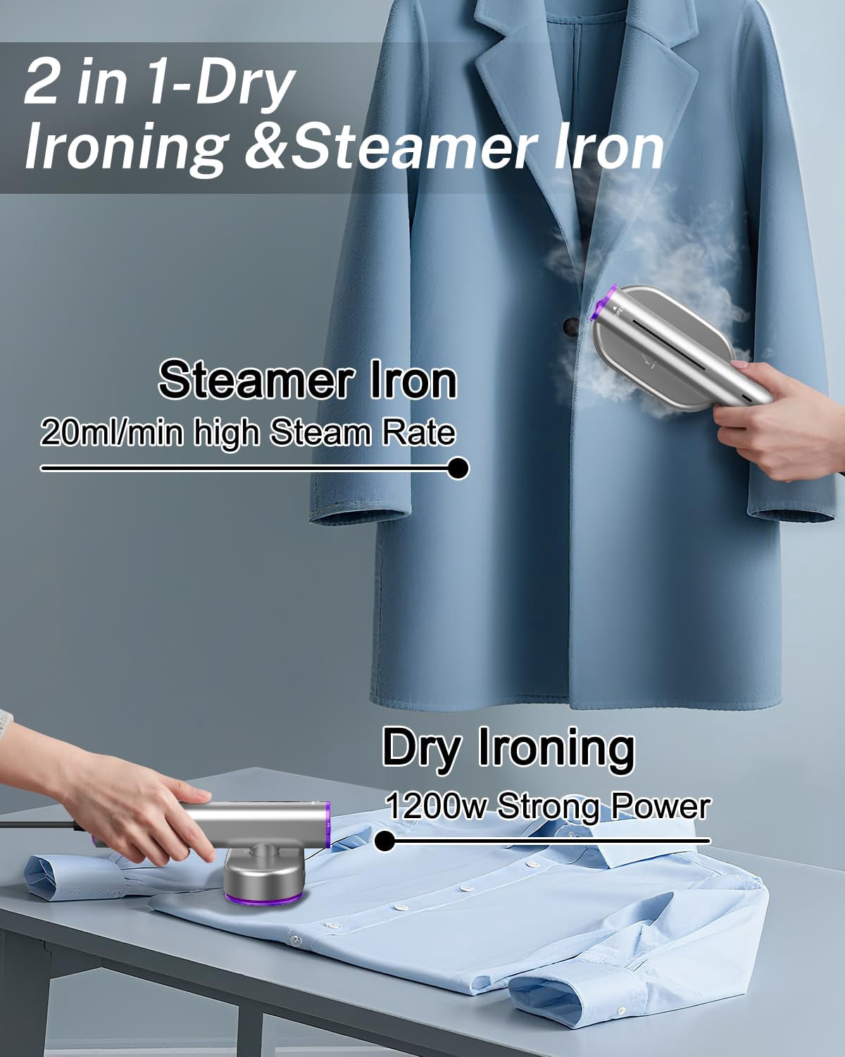 EGMEHOAD Travel Steamer for Clothes, Fast Heat-up in 15s 1200W Portable Handheld Garment Steamer, 2-in-1 Dry & Wet Iron
