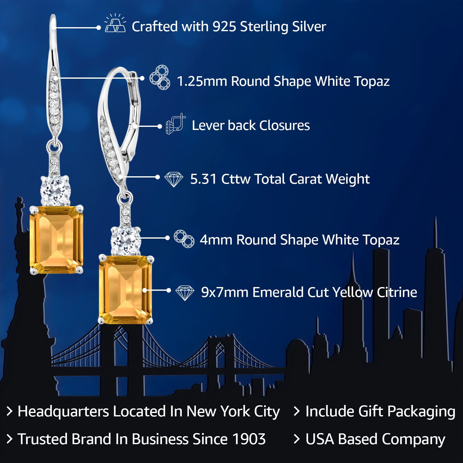 Gem Stone King 5.31 Cttw Yellow Citrine and White Topaz Dangle Earrings for Women | 925 Sterling Silver | Gemstone November Birthstone | Emerald Cut 9X7MM