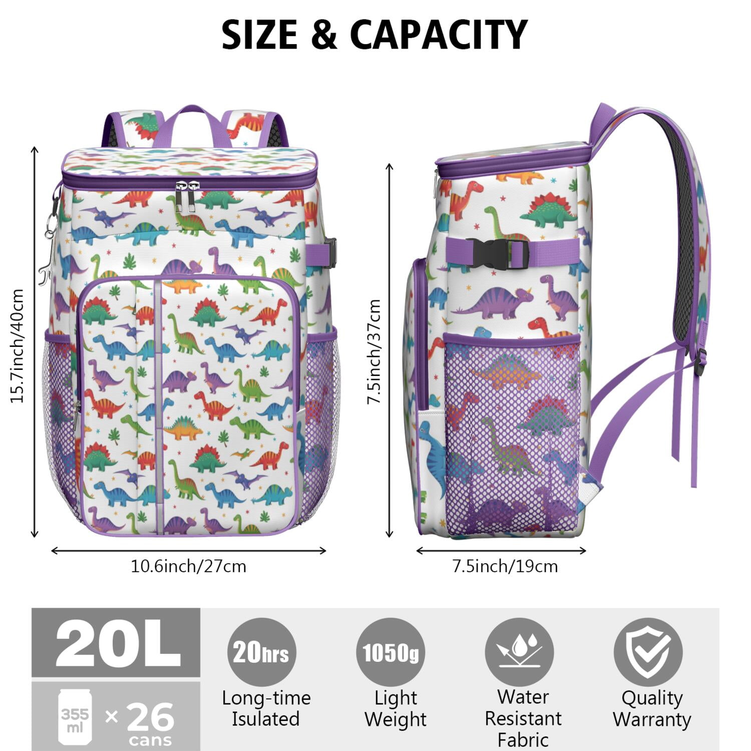 Travel Cooler Bag - White Cartoon Dinosaurs Stars Pattern Camping Beer Cooler Backpack with Bottle Opener- Waterproof Insulated Picnic Backpacks - Cooler Bag for Beach