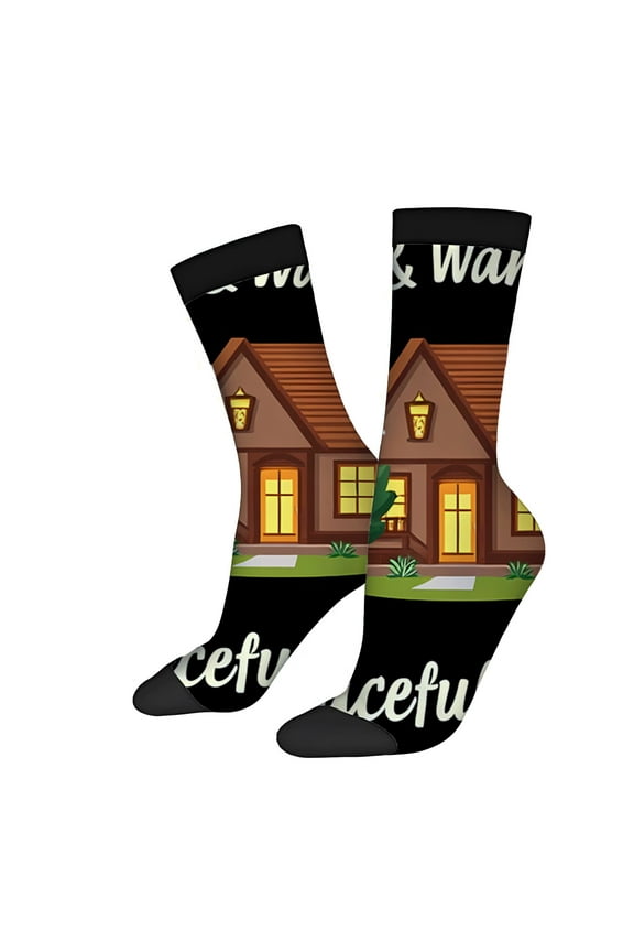 Unisex Trendy Socks (2 Pairs) - Cozy House Design with Warm Glow Black Background ' I ' m WANNA ' in Cursive Perfect for All Seasons