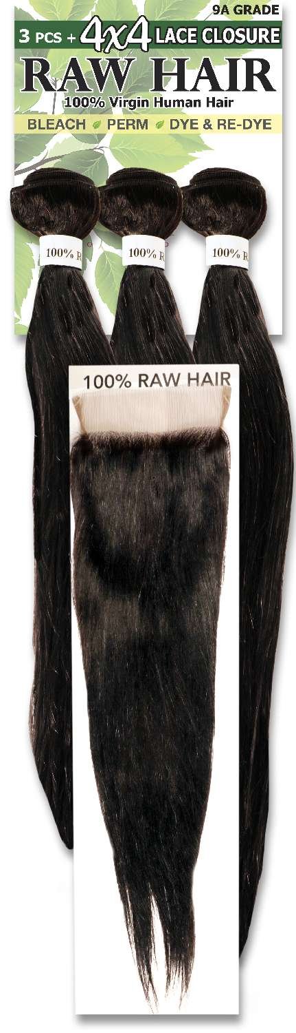 RAW 100% Virgin Human Hair Bundle Set - 14"/16"/18" with 4X4 Lace Closure - Natural Color