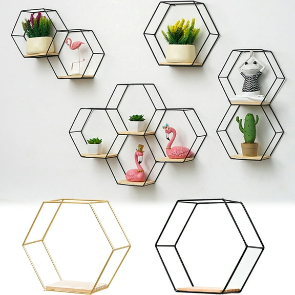 Walbest Nordic Style Iron Storage Holder Wall-mounted Multifunctional Geometric Firm Hexagonal Shelf, Creative Hexagonal Shelf for Wall, Living Room Modern Wall Decor