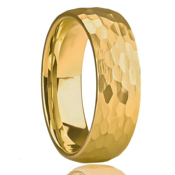 8mm Wide Classic Tungsten Carbide Ring with Hand-hammered Brushed Gold Finish