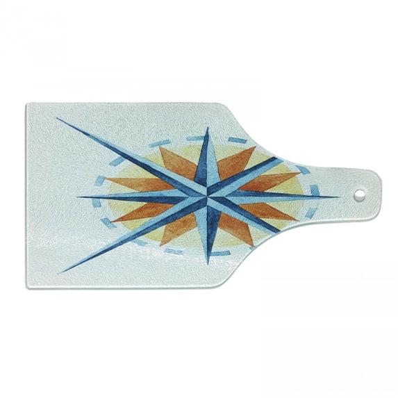 Compass Cutting Board, Watercolor Directions North South East West Windrose Pathfinding Work of Art, Tempered Glass Cutting and Serving Board, Wine Bottle Shape, Burnt Sienna Blue, by Ambesonne