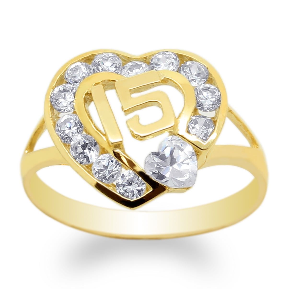JamesJenny 10K Yellow Gold Heart Shaped 15 Anos Quinceanera Ring Size 4-10