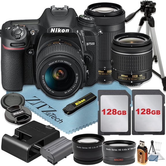 Nikon D7500 DSLR Camera with 18-55mm   70-300mm Lens   2 Pcs SanDisk 128GB Memory Cards   Tripod   Wide Angle   ZeeTech Accessory Bundle