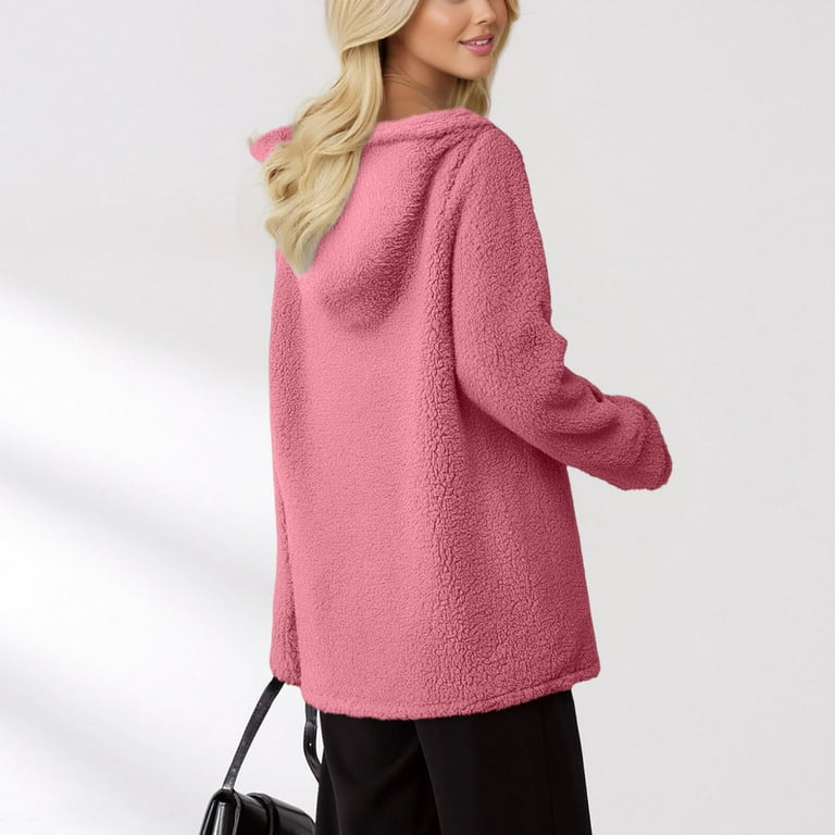 Longline Coat Pink Hooded Teddy Coat Womens Fleece Zip Up Jacket
