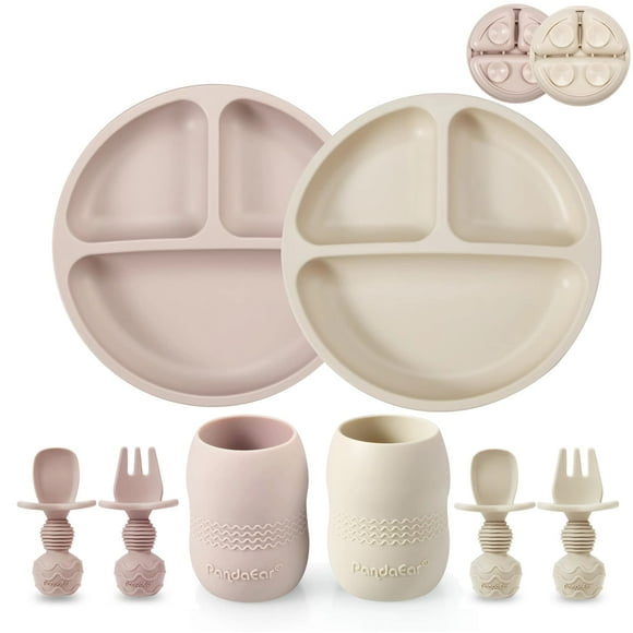 Set de alimentación para bebés PandaEar con placa de succión dividida de silicona, 2 tazas