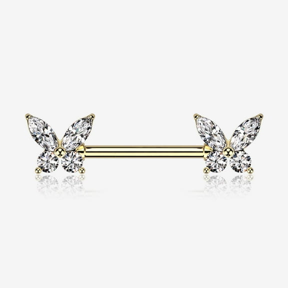 A Pair of Golden Brilliant Sparkle Marquise Butterfly Nipple Barbell