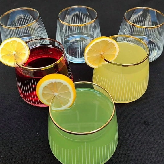 Gold Rim Cocktail Wine Whiskey Drinking Glasses Set of 6 Glassware Rimmed Trim Crystal Cups Juice Water Drinkware Drinks Bar Fancy Party Wedding Vertical Striped