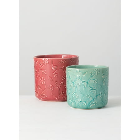 UPC: 0023271159550 | Sullivans Set of 2 Floral Relief Flower Planter 6 H & 5 H Red