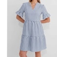 thumbnail image 4 of FDGIU Women's V Neck Striped Ruffle Short Sleeve Tiered A Line Mini Dress, Casual Summer Swing Babydoll Short Dress, 4 of 7