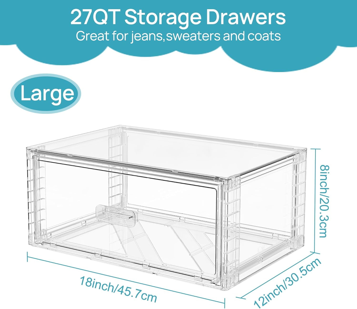 JessieMal 2 Pack Large Clear Stackable Storage Drawers 27QT, Easily Assemble Plastic Closet Storage Bins, Dust-Proof UnderBed Organizer for Clothing, Sweater Organization