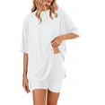thumbnail image 4 of Hxshgdsn Womens 2 Piece Pajamas Sets Oversized Round Neck Short Sleeve and Shorts Loungewear Soft PJ Set（White/2XL）, 4 of 7