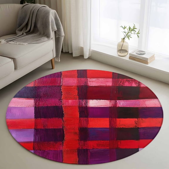 Red Purple Round Area Rug 3 FT, Small Kitchen Bathroom Mats, Striped Plaid Modern Abstract Oil Painting Washable Indoor Outdoor Throw Runner Carpet Non-Shedding Doormat for Table Shower Sofa Entryway