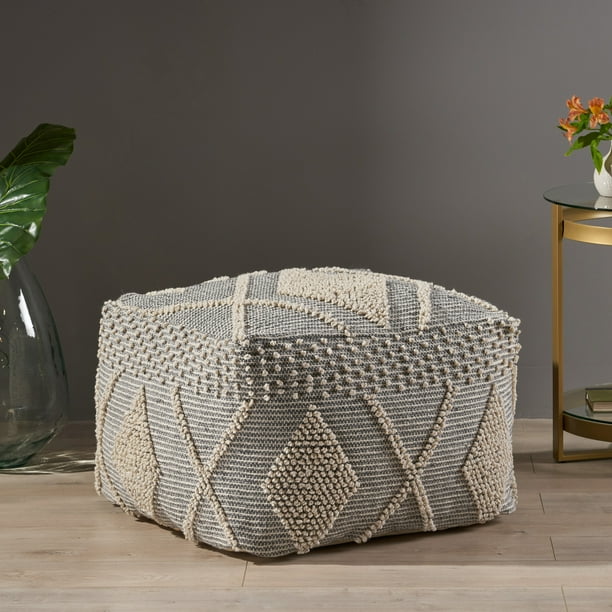 Noble House Sylas Large Contemporary Faux Yarn Pouf Ottoman, Ivory and