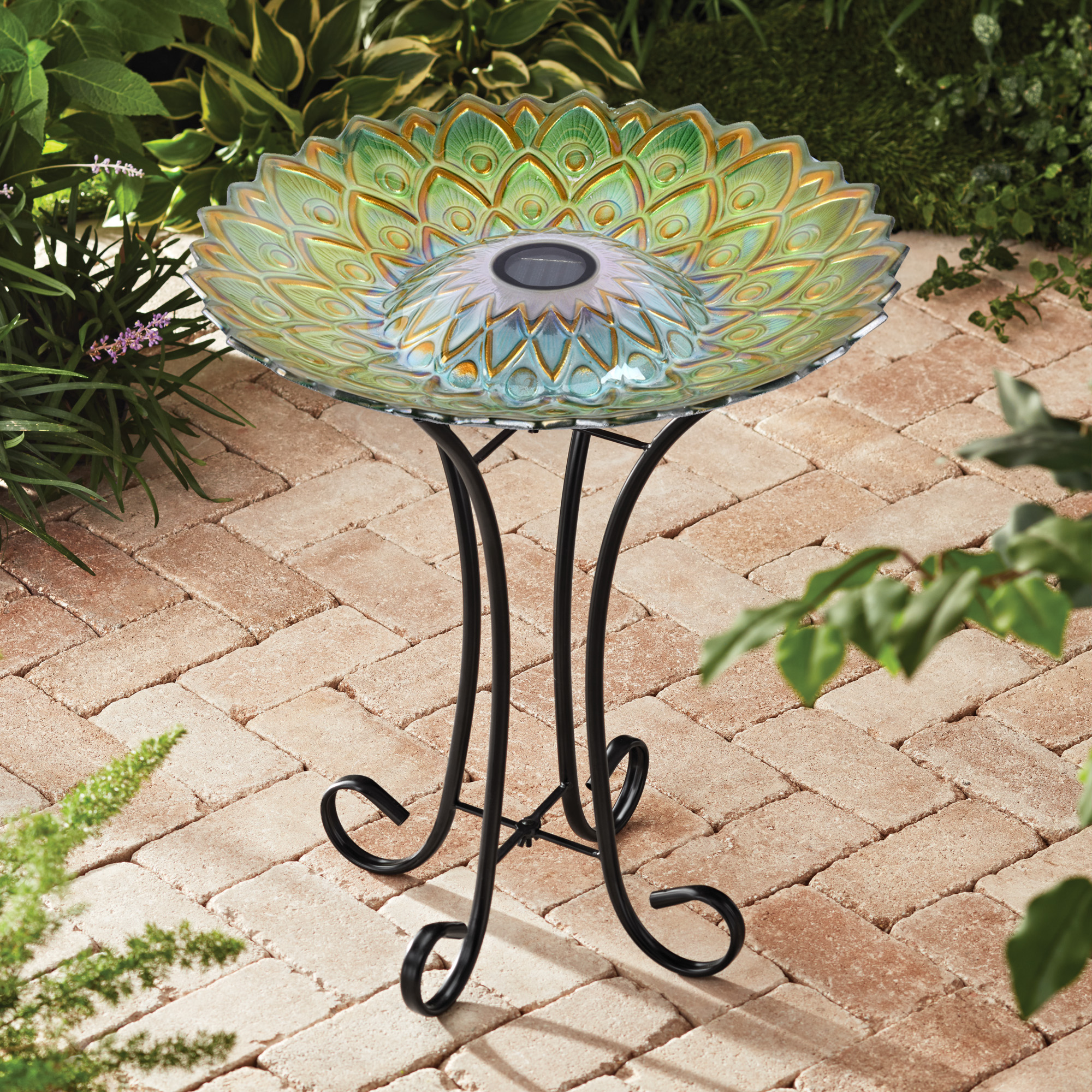 HiLine Gift Solar Peacock Green Geometric Glass Bird Bath with Stand