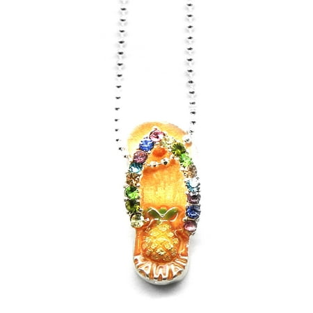 Flops Necklace Pendant - Hawaii Tropical Sparkling Flip Flop with Pineapple Necklace with Chain in Golden