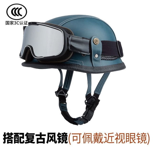 Leather Motorcycle Half Helmet, Motorcycle Leather Protective Helmet With Goggles Vintage HelmetSinKeeU